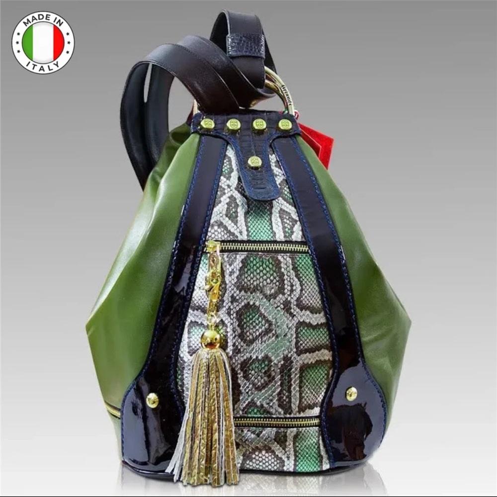 Marino Orlandi Green and Gold Python Leather Backpack Women's Convertible Bag